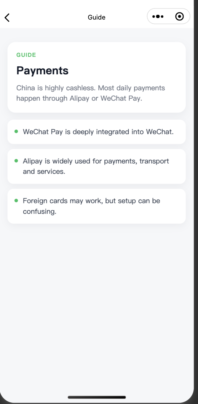 Pantalla de detalle — Payments. WeChat Pay, Alipay y notas para extranjeros