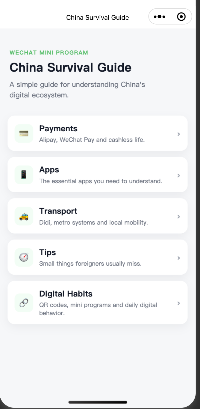 China Survival Guide — pantalla principal con las cinco secciones
